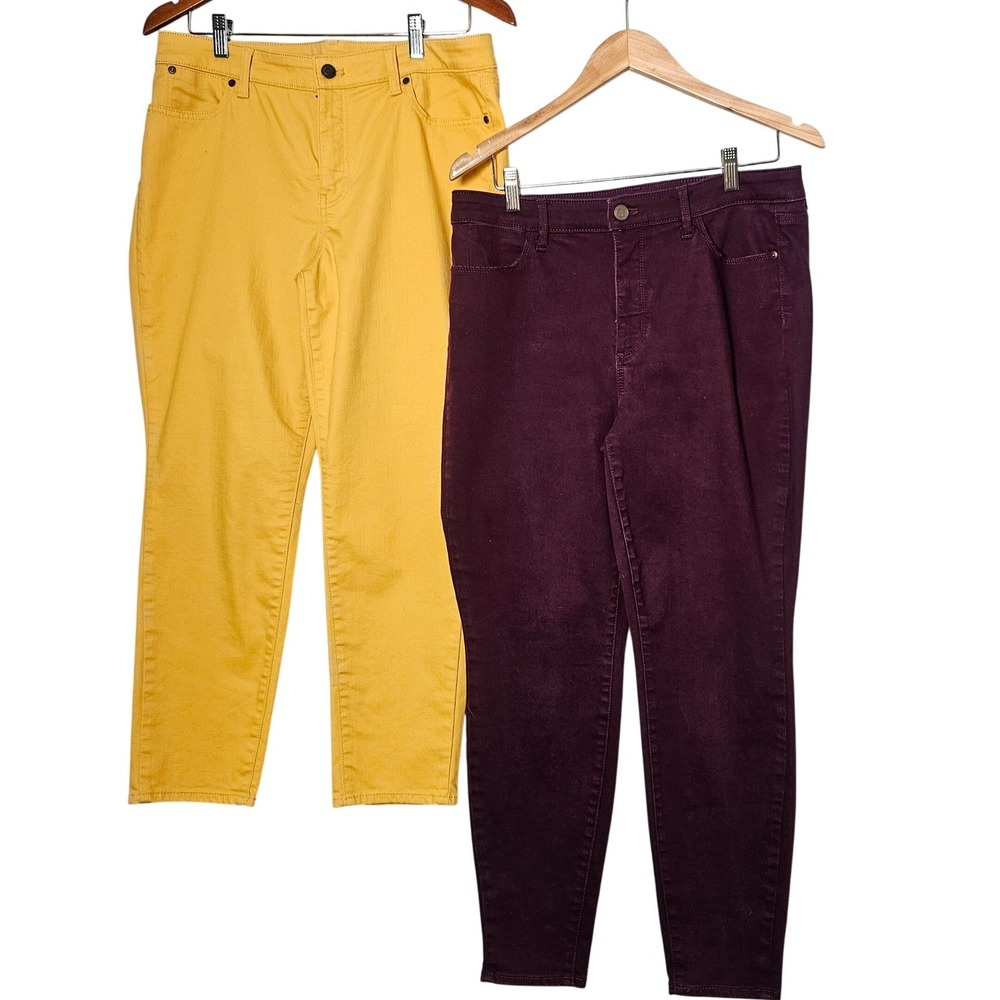 Talbots Flawless Pants Bundle 2 Women 12P Yellow Plum Slim Ankle Jegging Stretch